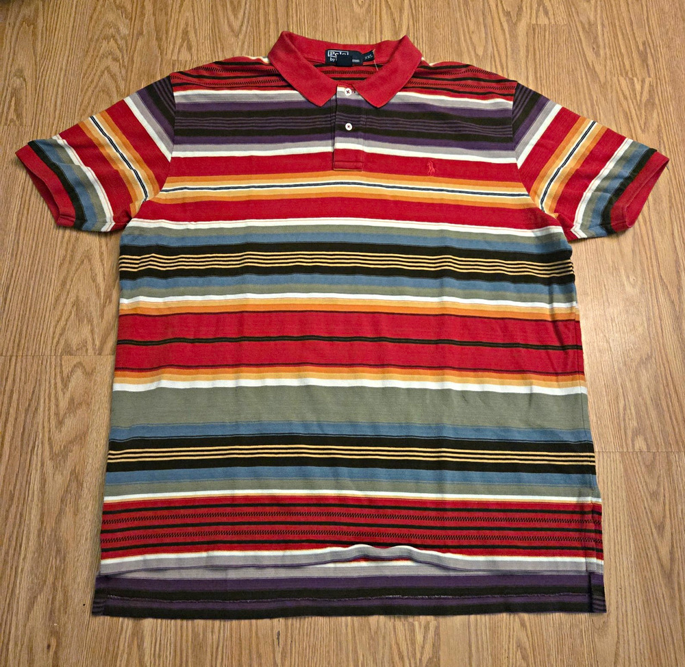 Polo Ralph Lauren Mens XXL Striped Polo Shirt Multicolor Red Collar Y2K Retro